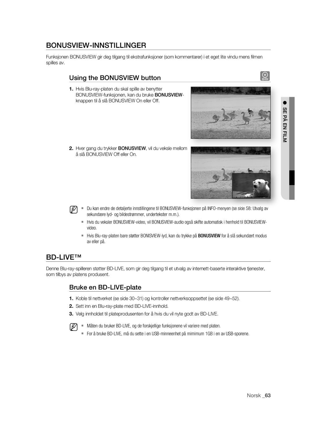 Samsung BD-P1600/XEE manual Bonusview-Innstillinger, Bd-Live, Using the Bonusview button, Bruke en BD-LIVE-plate, Menyen 