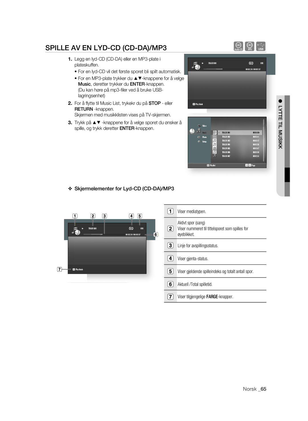 Samsung BD-P1600/XEE manual Spille AV EN LYD-CD CD-DA/MP3, Legg en lyd-CD CD-DA eller en MP3-plate i plateskuffen 