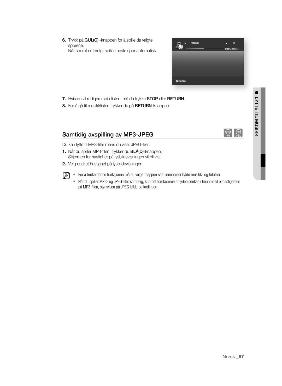 Samsung BD-P1600/XEE manual Samtidig avspilling av MP3-jPEG, Du kan lytte til MP3-fi ler mens du viser JPEG-fi ler 