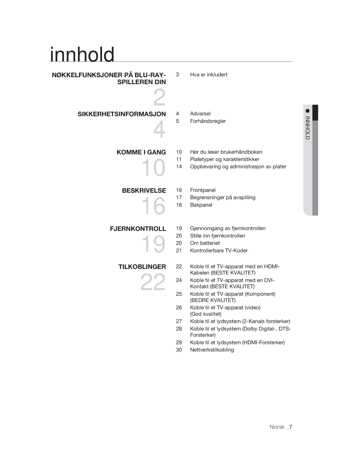 Samsung BD-P1600/XEE manual Innhold, Forhåndsregler, Hva er inkludert 