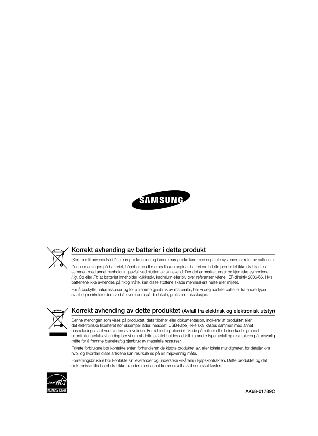 Samsung BD-P1600/XEE manual Korrekt avhending av batterier i dette produkt, AK68-01789C 