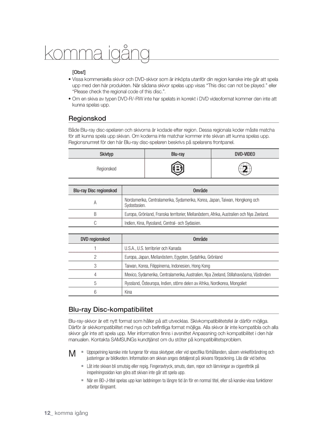 Samsung BD-P1600/XEE manual Regionskod, Blu-ray Disc-kompatibilitet 