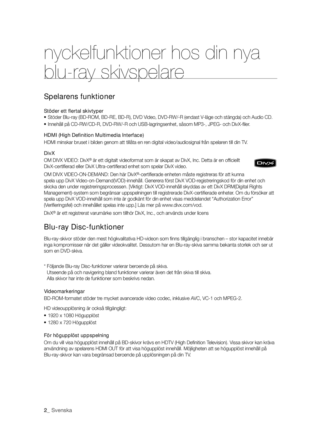 Samsung BD-P1600/XEE manual Nyckelfunktioner hos din nya blu-ray skivspelare, Spelarens funktioner, Blu-ray Disc-funktioner 