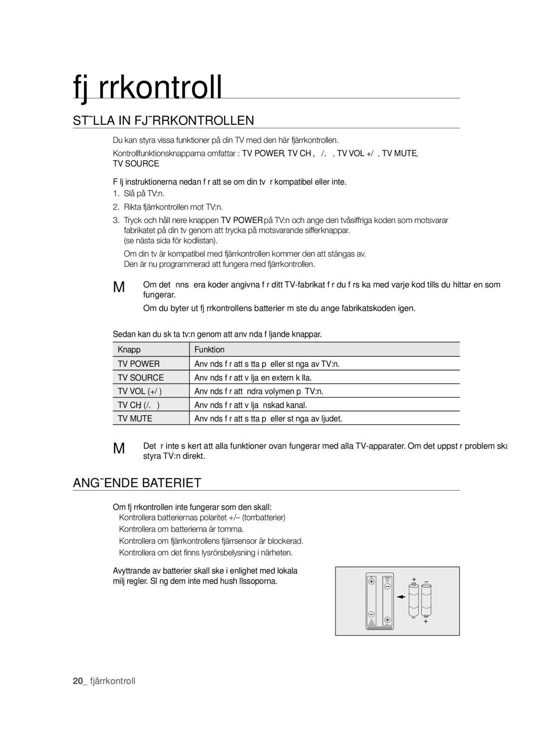 Samsung BD-P1600/XEE manual STÄLLa In FjÄrrKOnTrOLLEn, AngåEnDE BaTErIET, TV Power, TV Source, TV Mute 