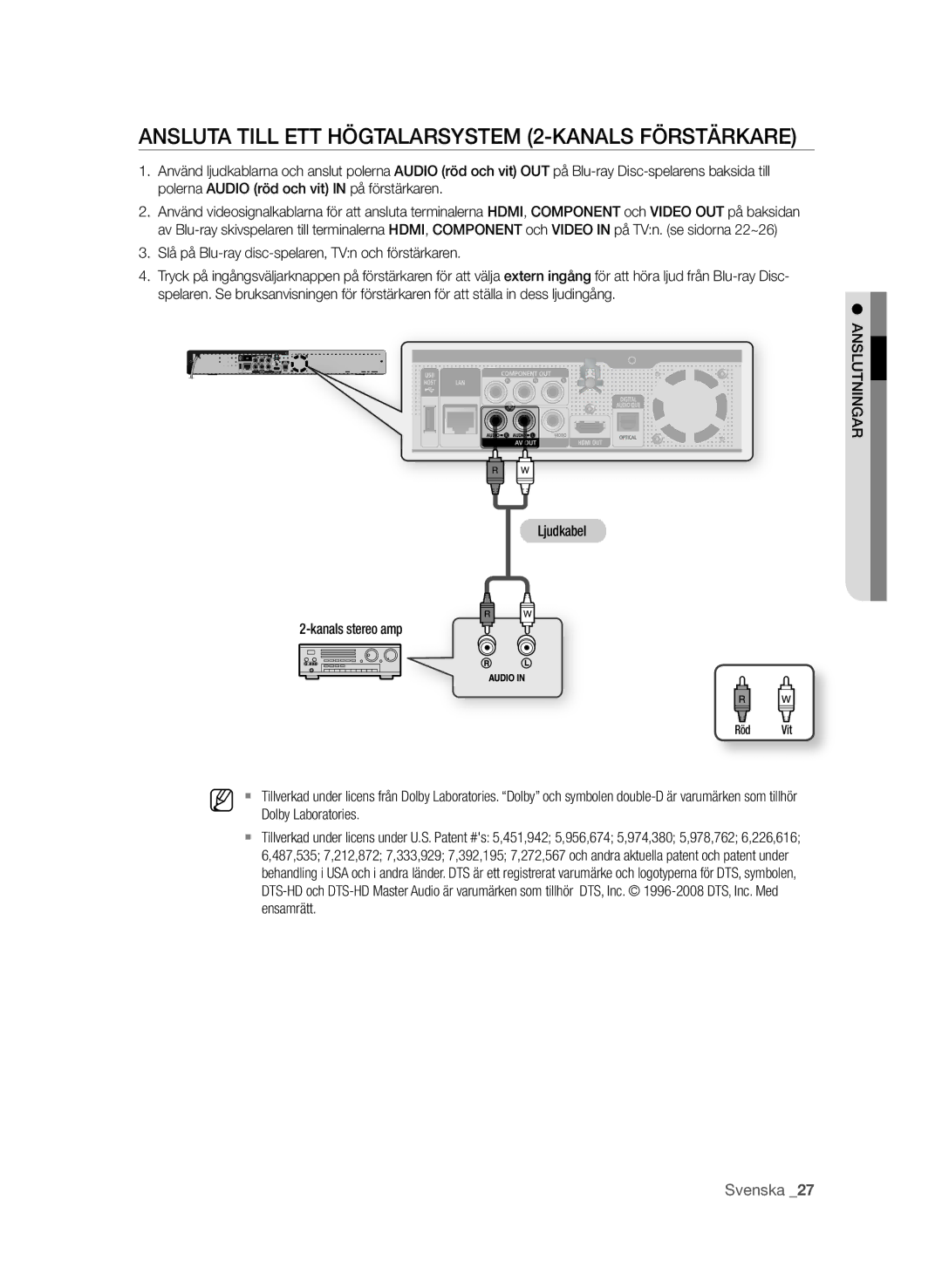 Samsung BD-P1600/XEE manual AnSLUTa Till ETT HÖgTaLarSySTEM 2-KanaLS FÖrSTÄrKarE, AnSLUTnIngar Ljudkabel Kanals stereo amp 