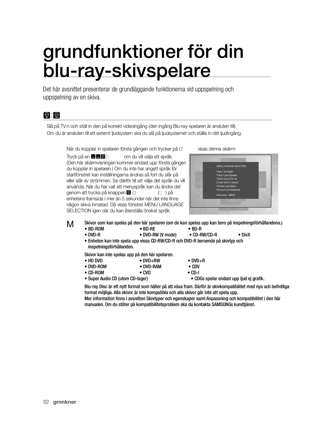 Samsung BD-P1600/XEE manual Innan UPPSPELnIng, Bd-Rom Bd-Re, Cd-Rw/Cd-R, Hd Dvd Dvd+Rw Dvd-Rom Dvd-Ram Cdv Cd-Rom Cvd 