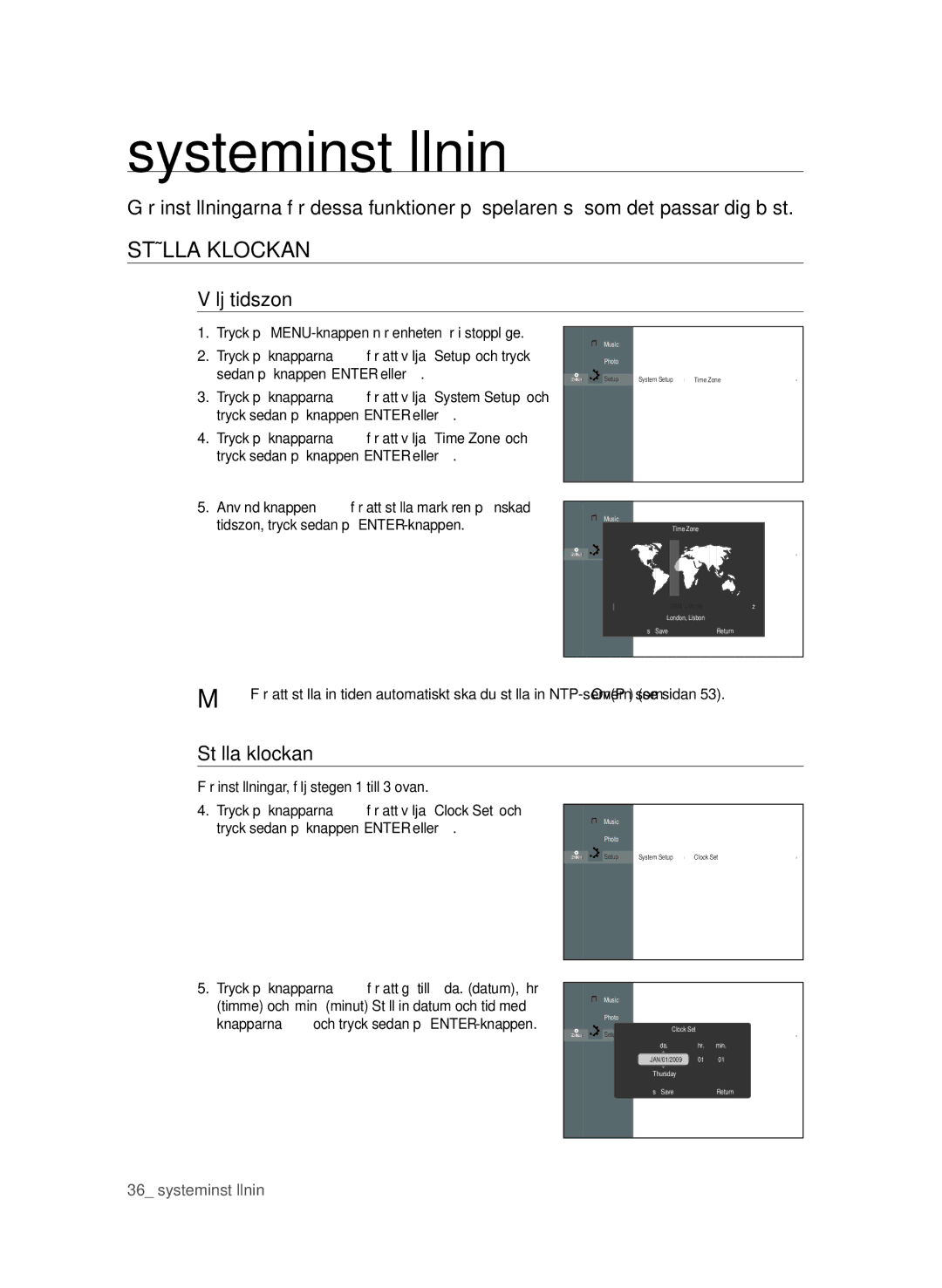 Samsung BD-P1600/XEE manual Systeminställnin, STÄLLa KLOcKan, Välj tidszon, Ställa klockan 