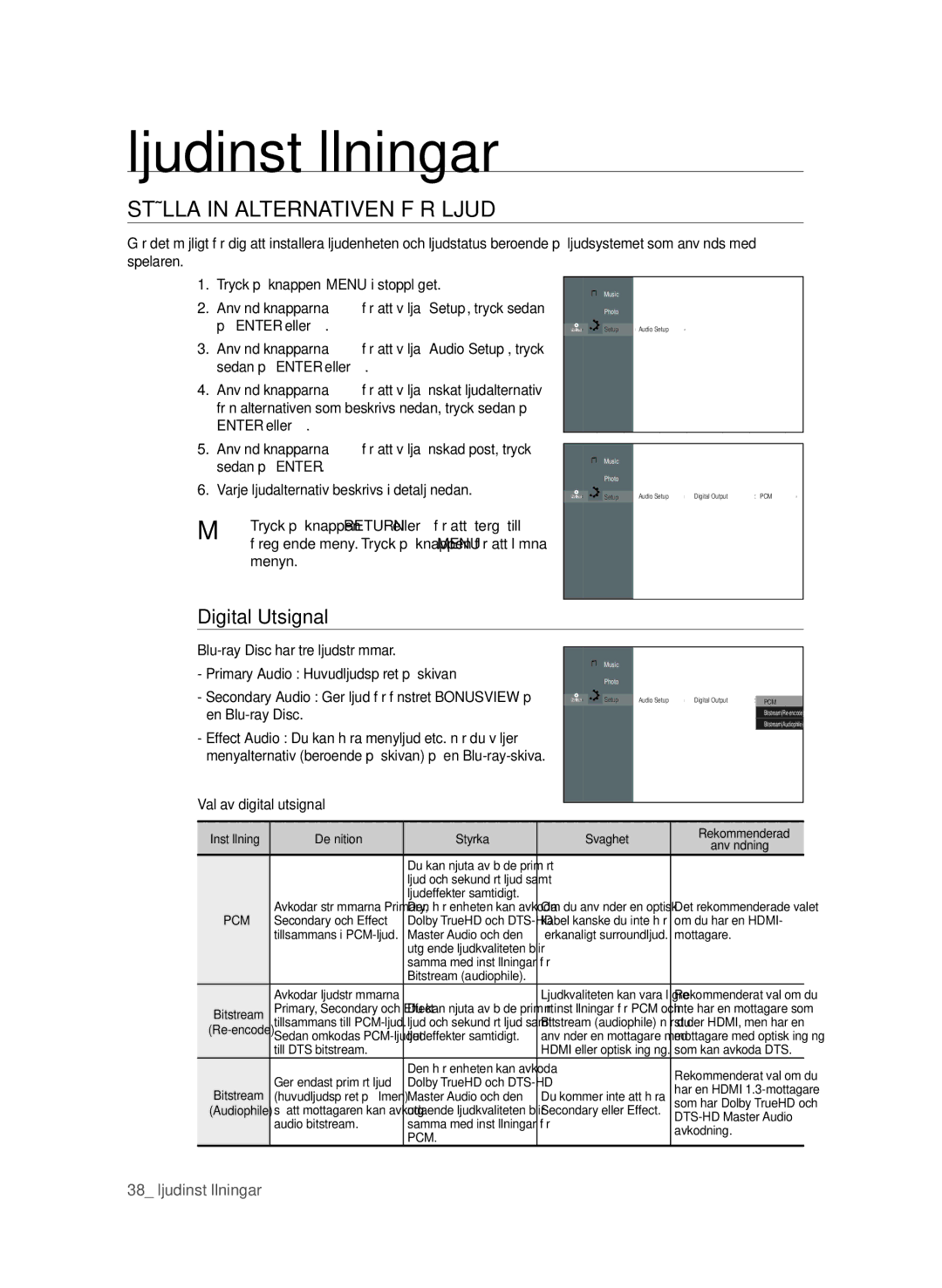 Samsung BD-P1600/XEE Ljudinställningar, STÄLLa In aLTErnaTIVEn FÖr LjUD, Digital Utsignal, Menyn, Val av digital utsignal 