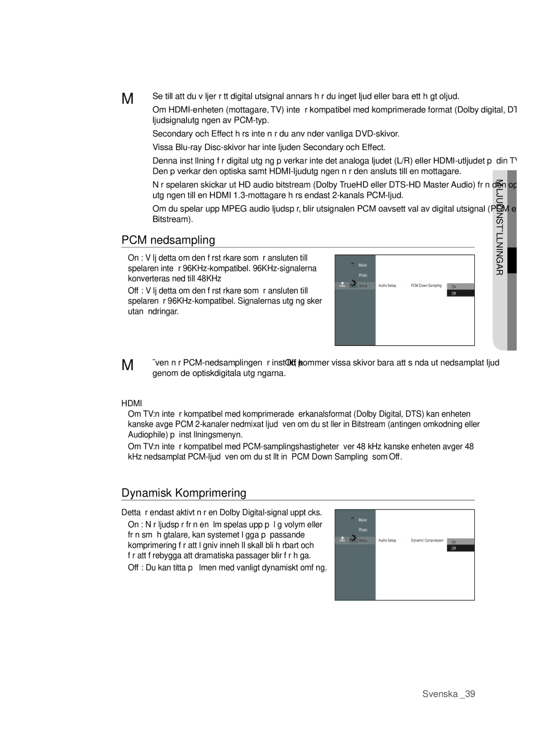 Samsung BD-P1600/XEE manual PcM nedsampling, Dynamisk Komprimering, Konverteras ned till 48KHz, Utan ändringar 