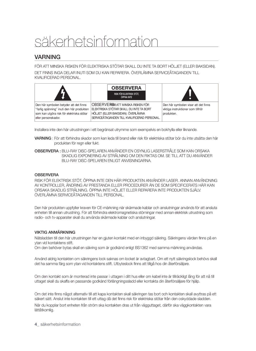 Samsung BD-P1600/XEE manual Säkerhetsinformation, Varning, Observera, Viktig Anmärkning 