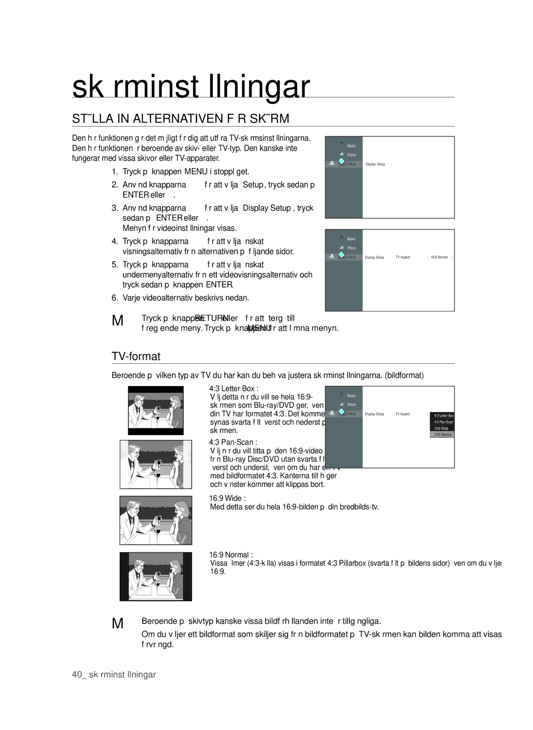 Samsung BD-P1600/XEE manual Skärminställningar, STÄLLa In aLTErnaTIVEn FÖr SKÄrM, TV-format 