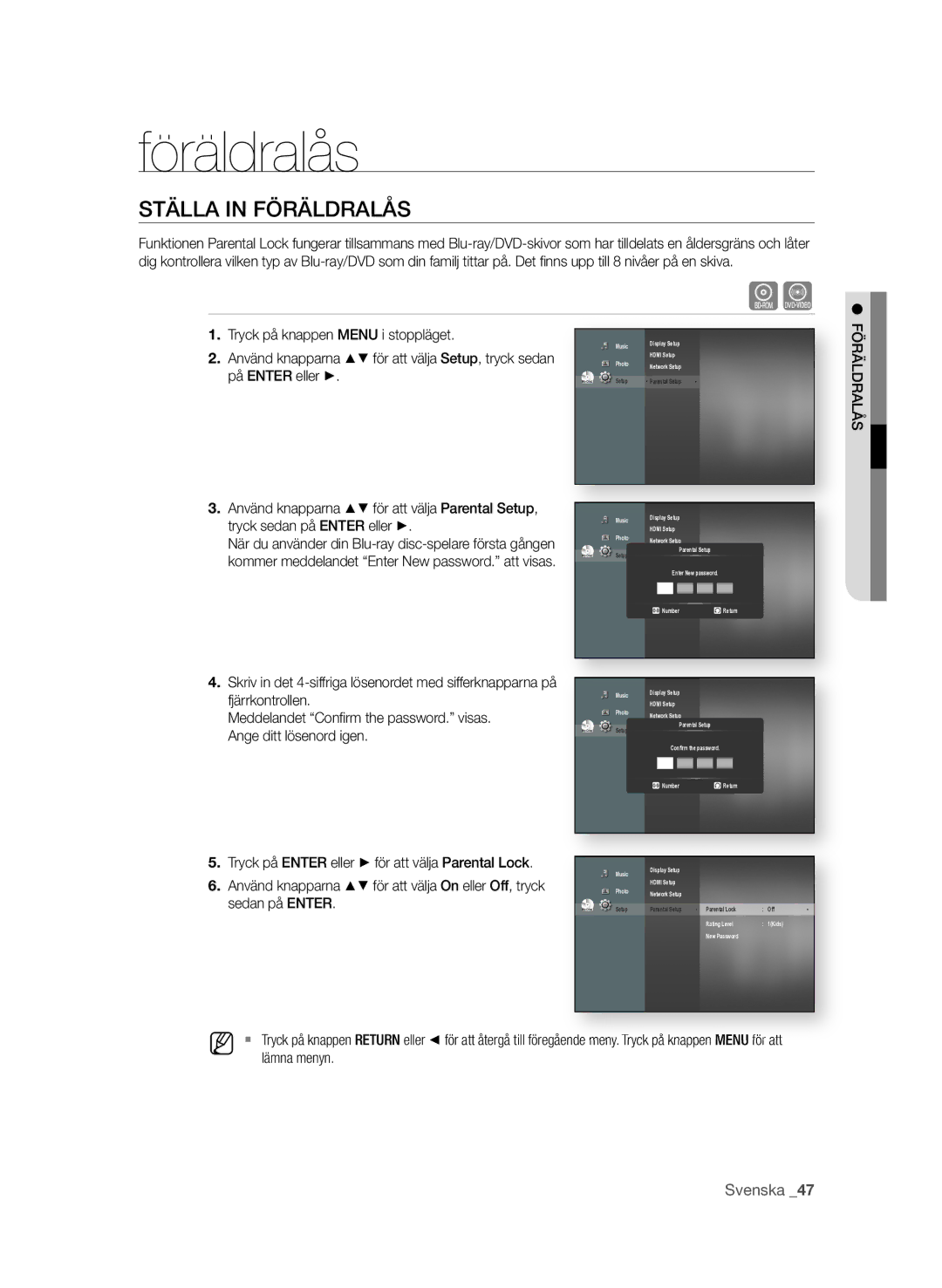 Samsung BD-P1600/XEE manual Föräldralås, STÄLLa In FÖrÄLDraLåS, Tryck på knappen MEnU i stoppläget 