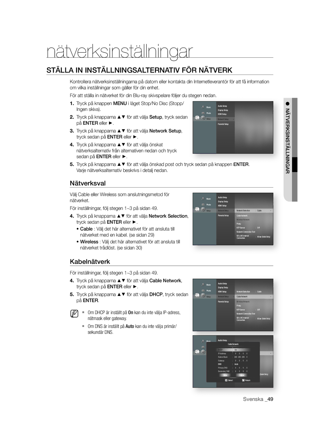 Samsung BD-P1600/XEE manual Nätverksinställningar, STÄLLa In InSTÄLLnIngSaLTErnaTIV FÖr nÄTVErK, Nätverksval, Kabelnätverk 