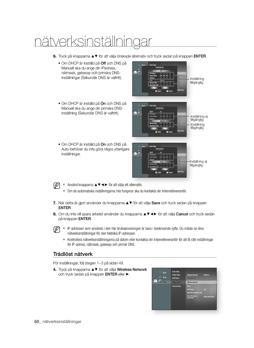 Samsung BD-P1600/XEE manual Trådlöst nätverk, Inställningar 