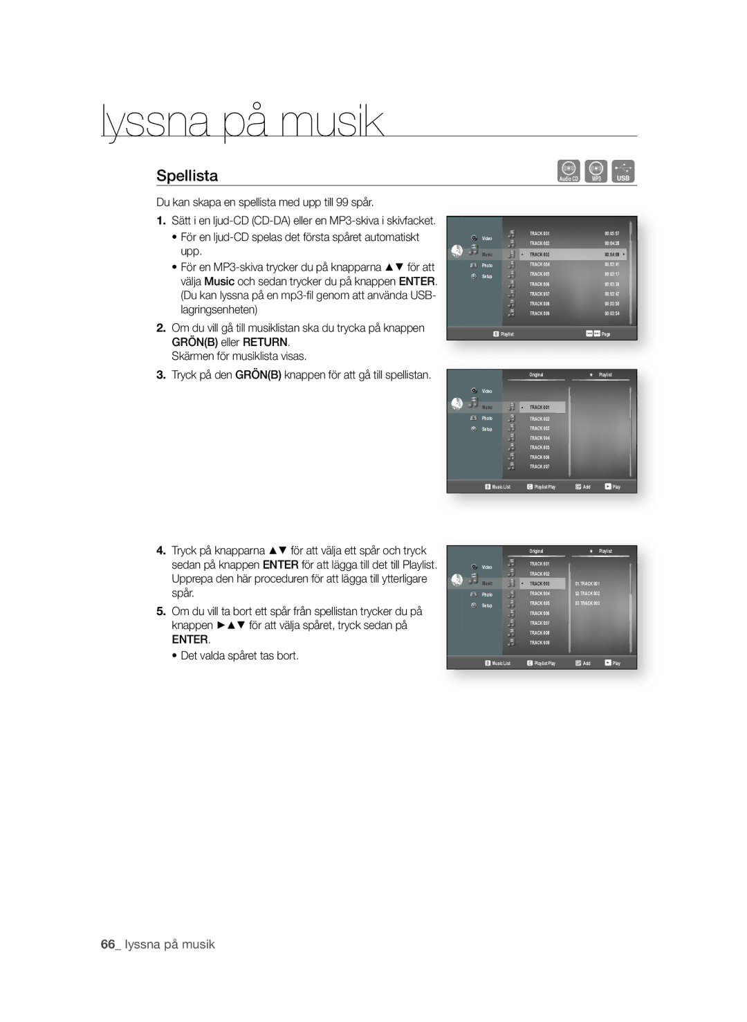 Samsung BD-P1600/XEE manual Spellista, Du kan skapa en spellista med upp till 99 spår 