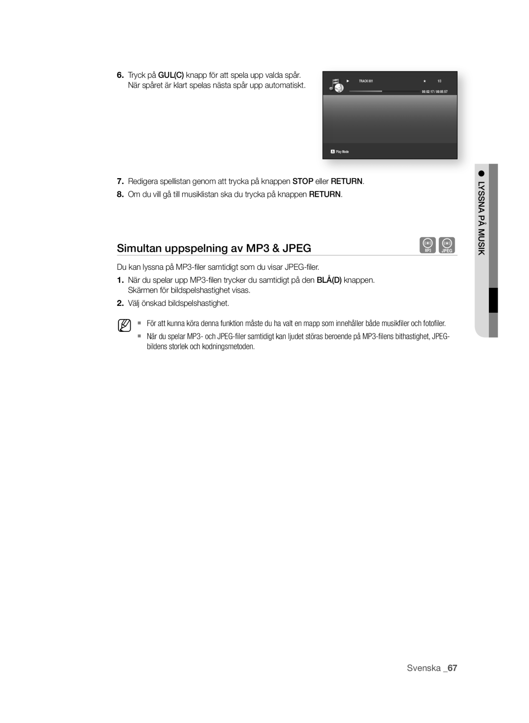 Samsung BD-P1600/XEE manual Simultan uppspelning av MP3 & jPEg 