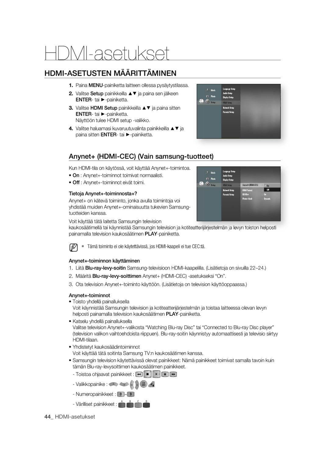 Samsung BD-P1600/XEE manual HDMI-asetukset, HDMI-aSETuSTEN MÄÄrITTÄMINEN, Anynet+ HDMI-CEC Vain samsung-tuotteet 