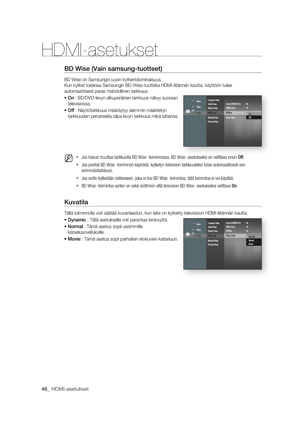 Samsung BD-P1600/XEE manual BD Wise Vain samsung-tuotteet, Kuvatila 