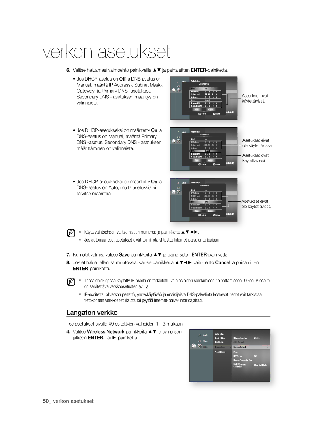 Samsung BD-P1600/XEE manual Langaton verkko, 0 verkon asetukset, Gateway- ja Primary DNS -asetukset 