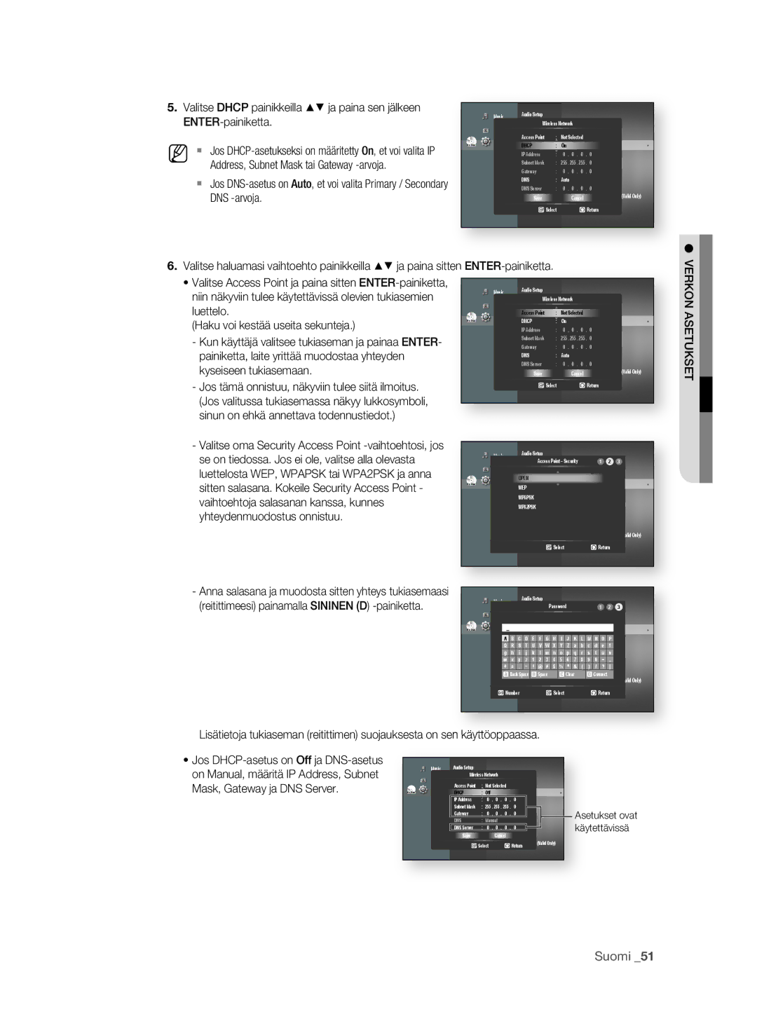 Samsung BD-P1600/XEE manual ENTEr-painiketta, Address, Subnet Mask tai Gateway -arvoja, DNS -arvoja, Luettelo 