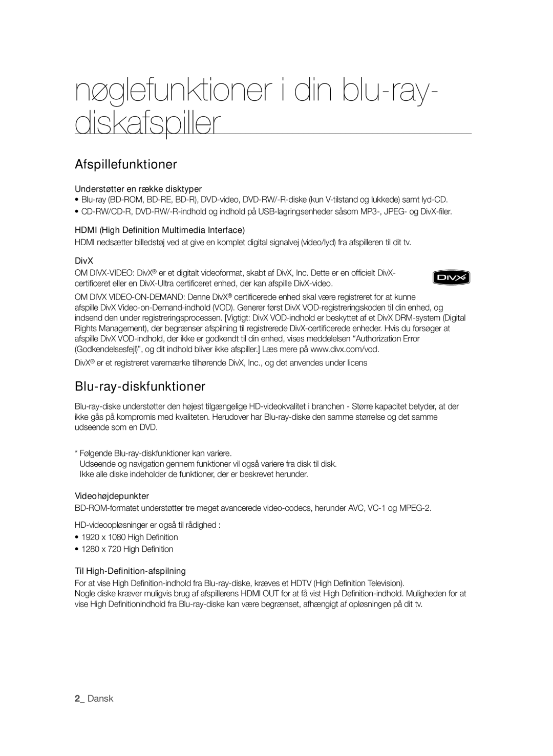 Samsung BD-P1600/XEE Nøglefunktioner i din blu-ray- diskafspiller, Afspillefunktioner, Blu-ray-diskfunktioner,  Dansk 