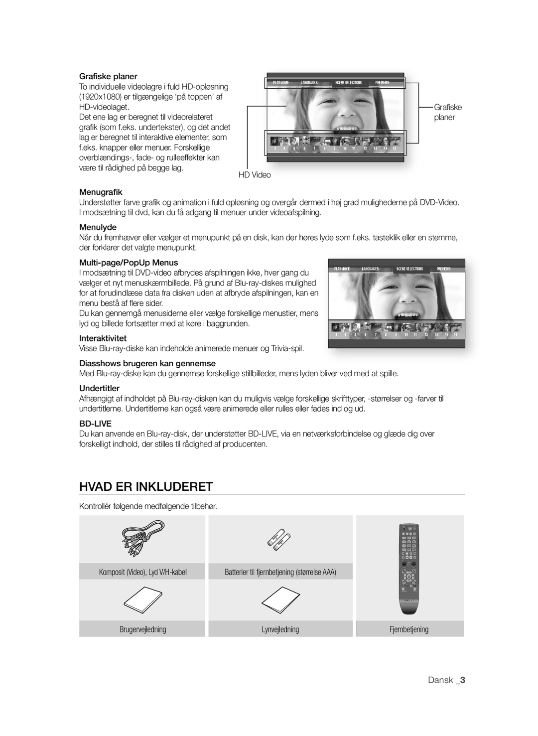 Samsung BD-P1600/XEE manual Hvad er INKlUDereT, Dansk 