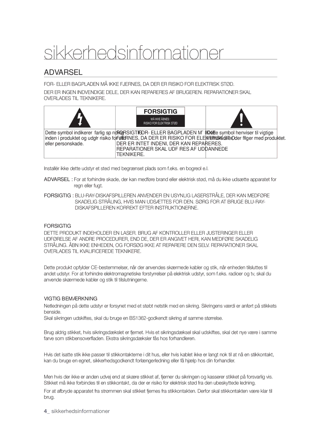 Samsung BD-P1600/XEE manual Sikkerhedsinformationer,  sikkerhedsinformationer, Teknikere, Forsigtig, Vigtig Bemærkning 