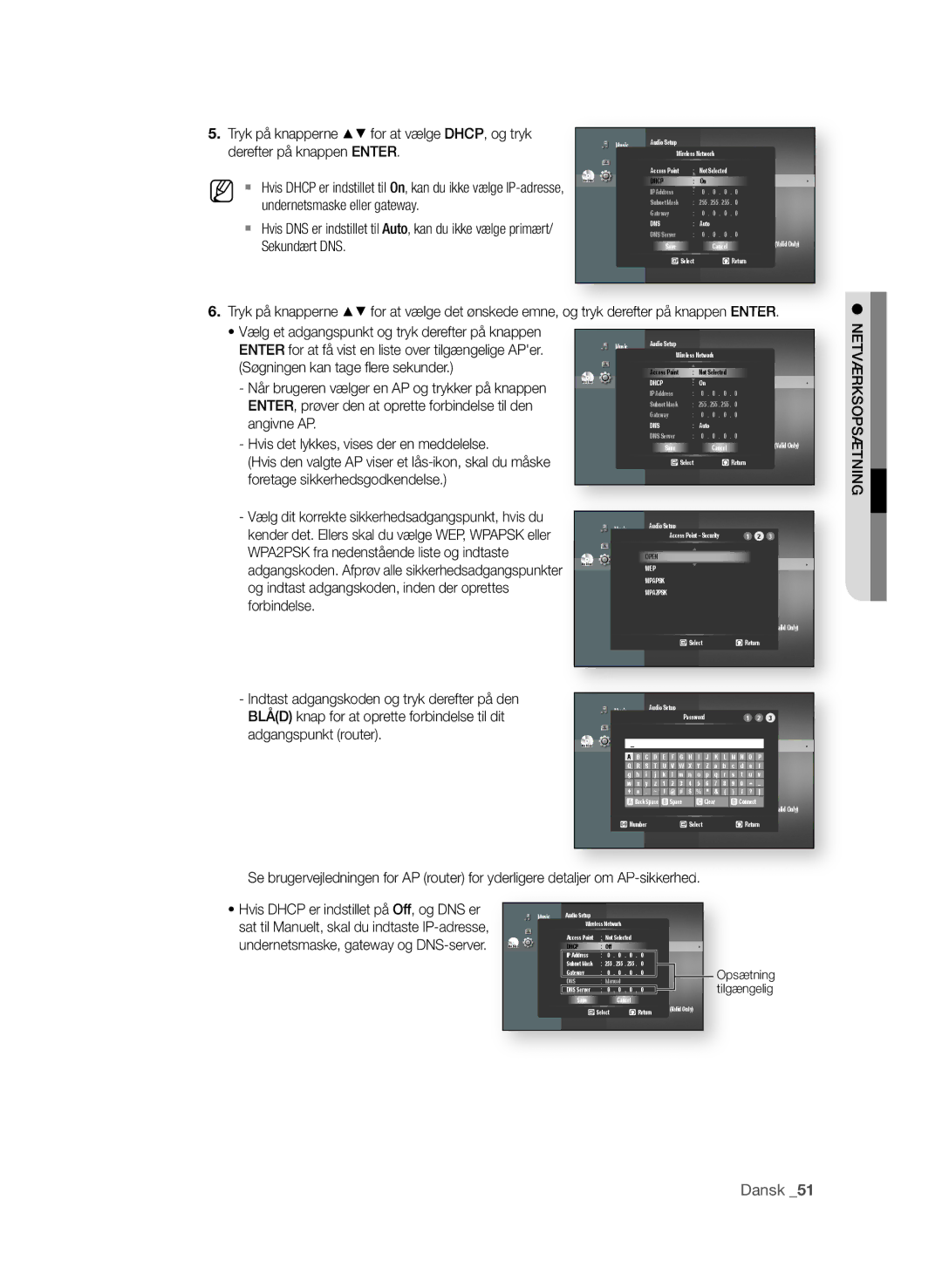 Samsung BD-P1600/XEE manual . Tryk på knapperne $% for at vælge DHCP, og tryk, Undernetsmaske eller gateway, Sekundært DNS 