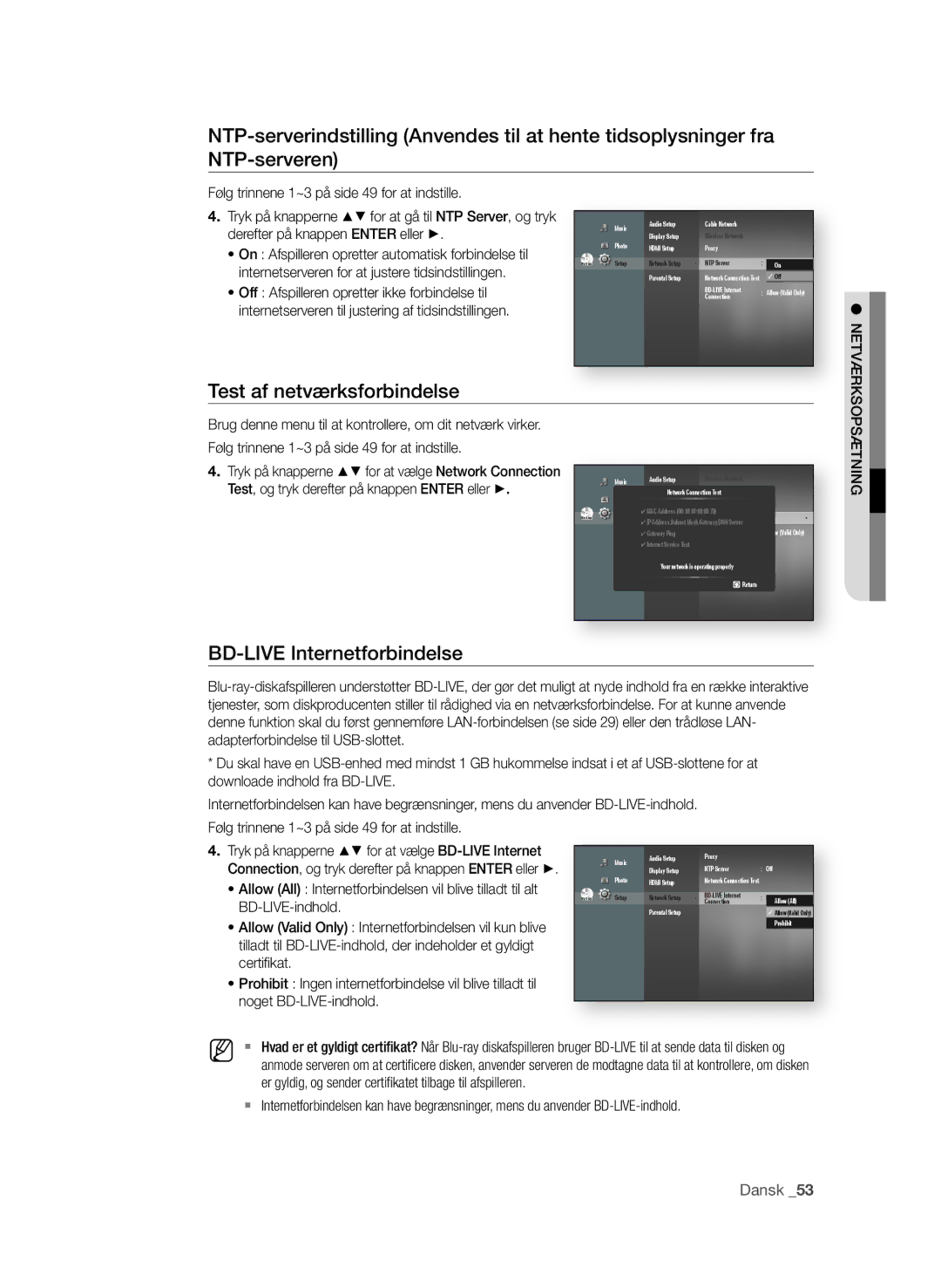 Samsung BD-P1600/XEE manual Test af netværksforbindelse, BD-lIVe Internetforbindelse 