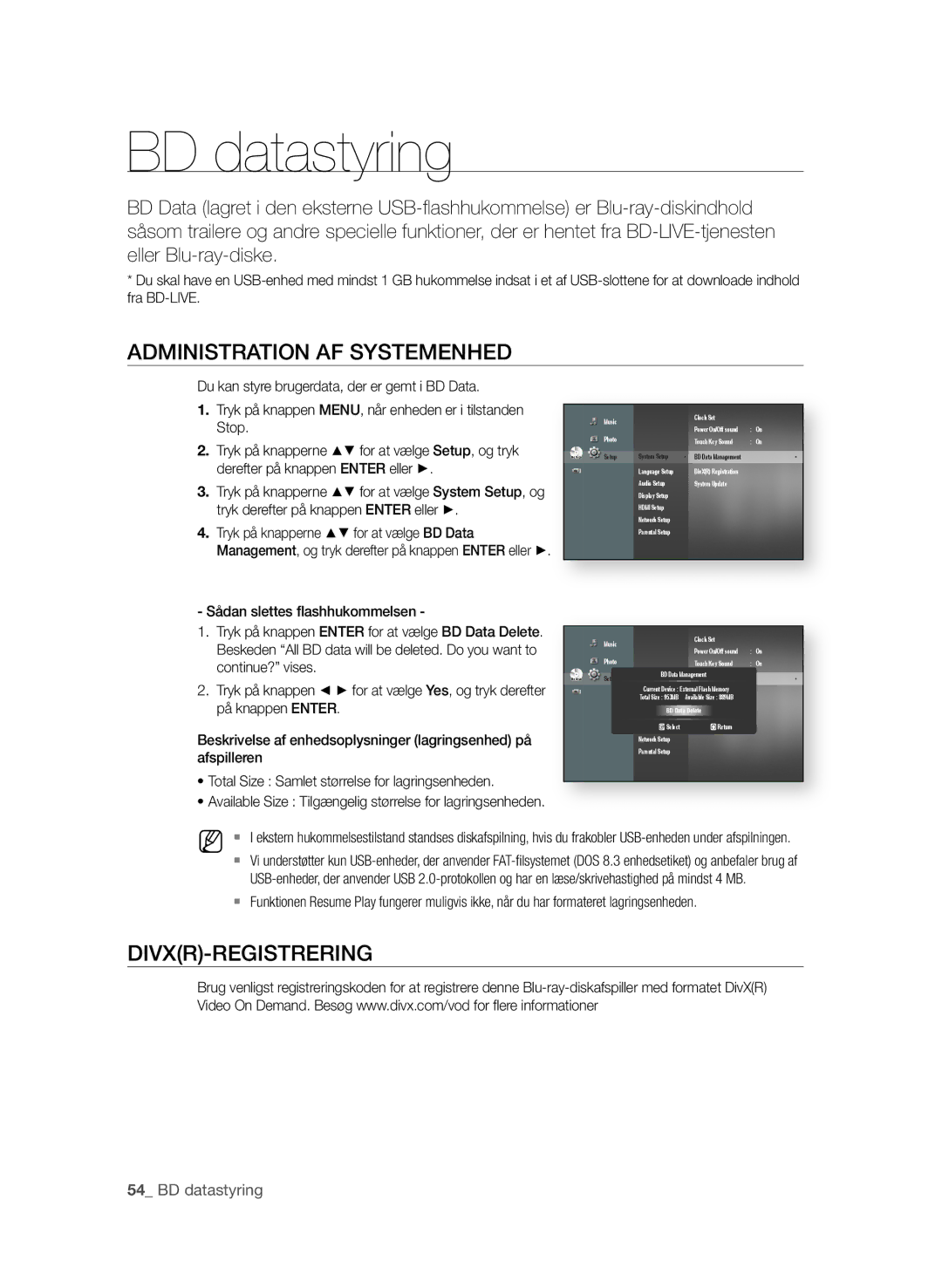 Samsung BD-P1600/XEE manual ADMINIsTrATION AF sysTeMeNHeD, DIVXr-reGIsTrerING,  BD datastyring 