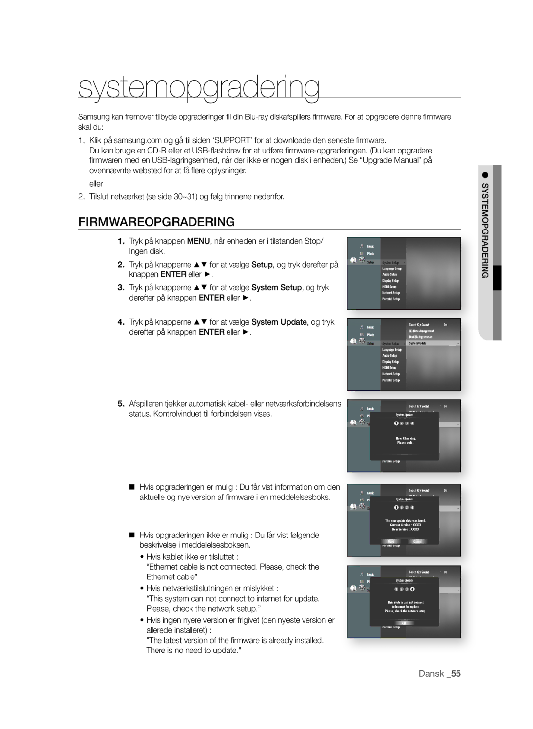 Samsung BD-P1600/XEE manual Systemopgradering, FIrMWAreOPGrADerING 