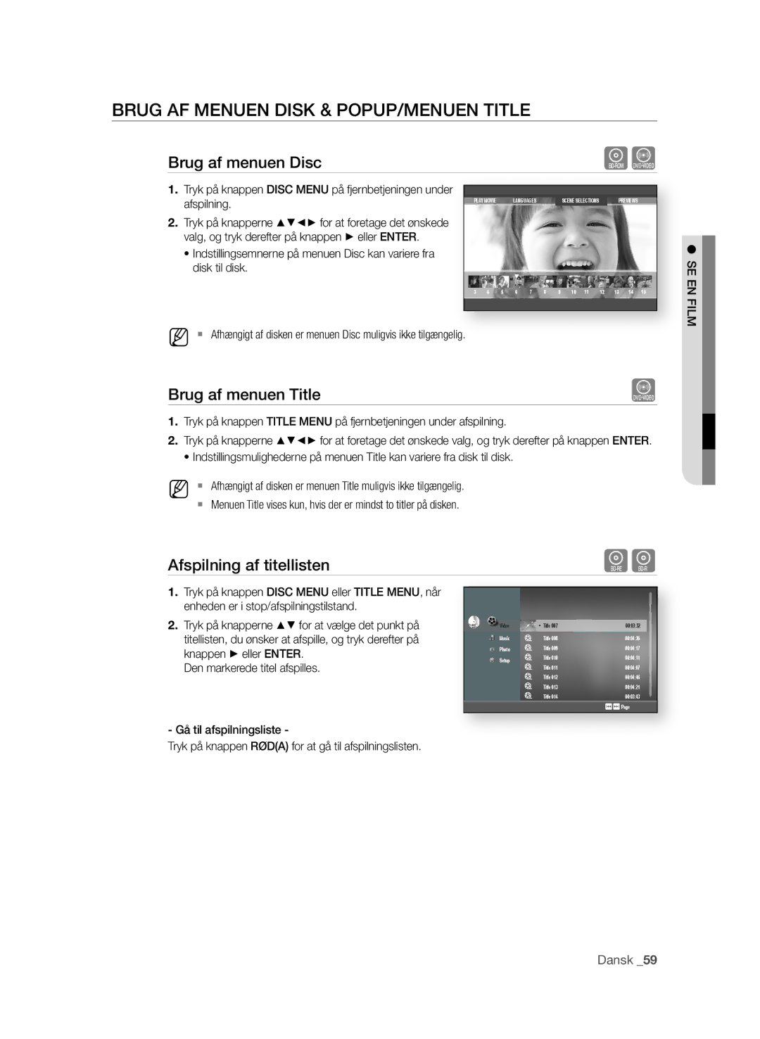 Samsung BD-P1600/XEE manual BrUG AF MeNUeN DIsK & POPUP/MeNUeN TITle, Brug af menuen Disc, Brug af menuen Title, Afspilning 