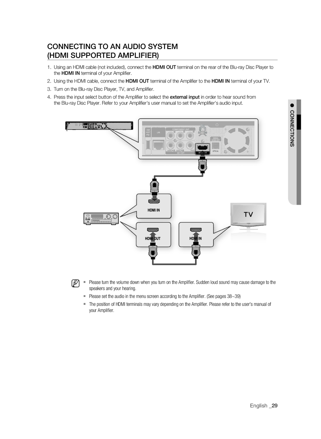 Samsung BD-P1620 Connecting to an Audio System Hdmi supported Amplifier, Speakers and your hearing, Your Amplifier 