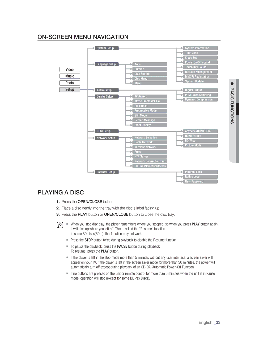 Samsung BD-P1620 user manual On-Screen Menu Navigation, Playing a Disc, SN Nctio Asicbfu 