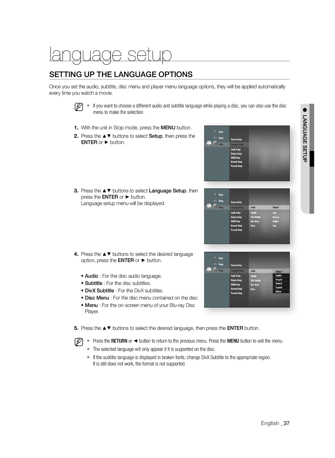 Samsung BD-P1620 user manual Language setup, SETTIng UP the LangUagE OPTIOnS 