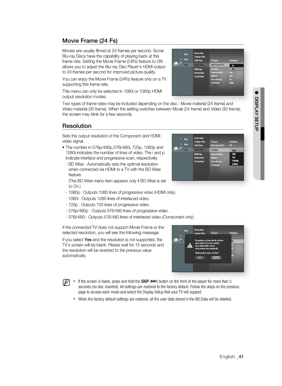 Samsung BD-P1620 user manual Movie Frame 24 Fs, Resolution 