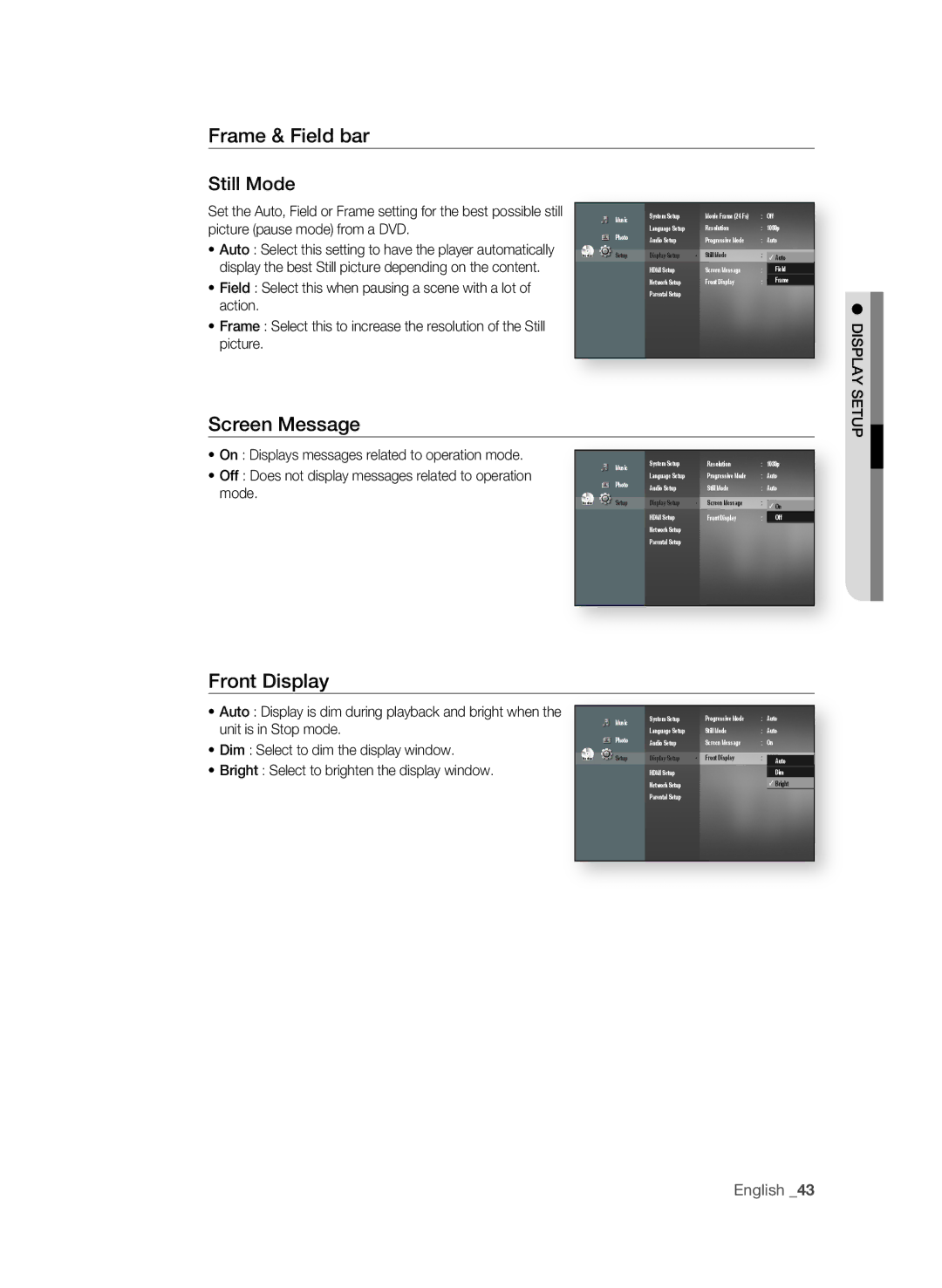 Samsung BD-P1620 user manual Frame & Field bar Still Mode, Screen Message, Front Display 