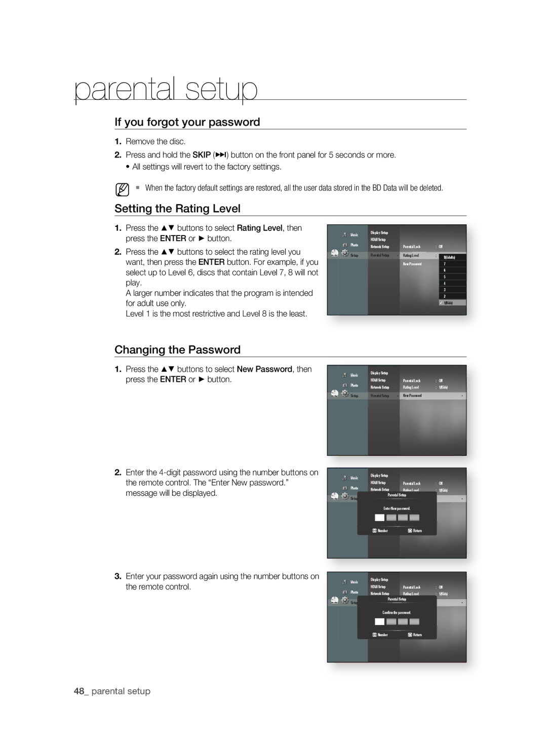 Samsung BD-P1620 user manual If you forgot your password, Setting the rating Level 