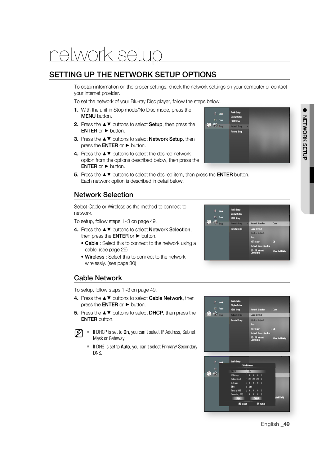 Samsung BD-P1620 user manual Network setup, SETTIng UP the nETWOrK Setup OPTIOnS, Network Selection, Cable network 