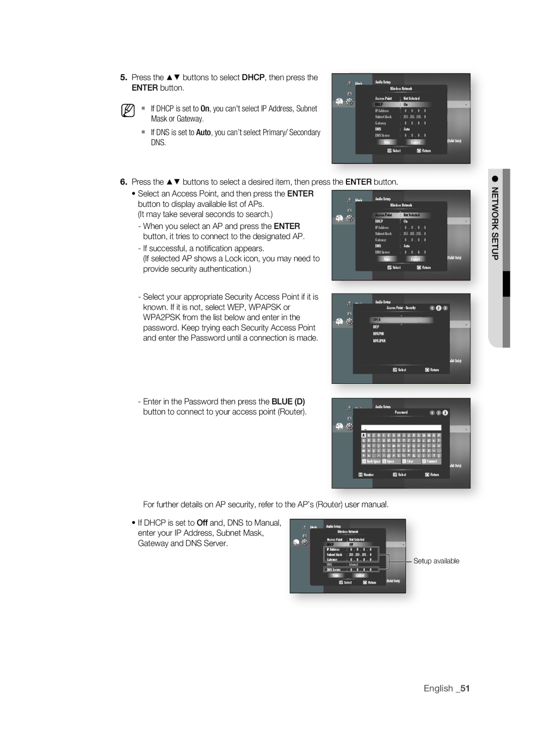 Samsung BD-P1620 user manual Mask or Gateway, If DNS is set to Auto, you can’t select Primary/ Secondary 