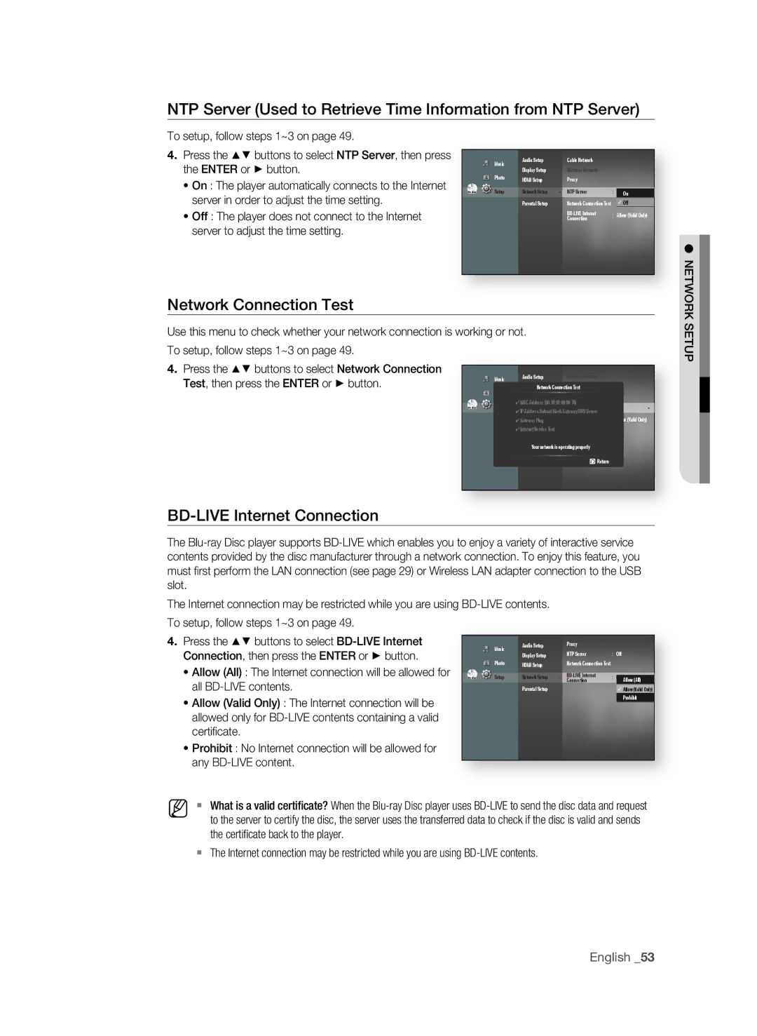 Samsung BD-P1620 user manual Network Connection Test, BD-LIVE Internet Connection 