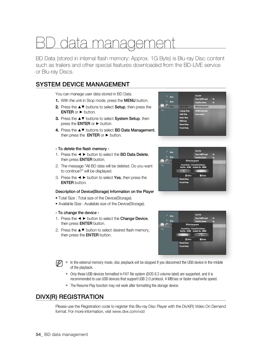 Samsung BD-P1620 user manual BD data management, System Device ManagEMEnT, DIVXr rEgISTraTIOn 