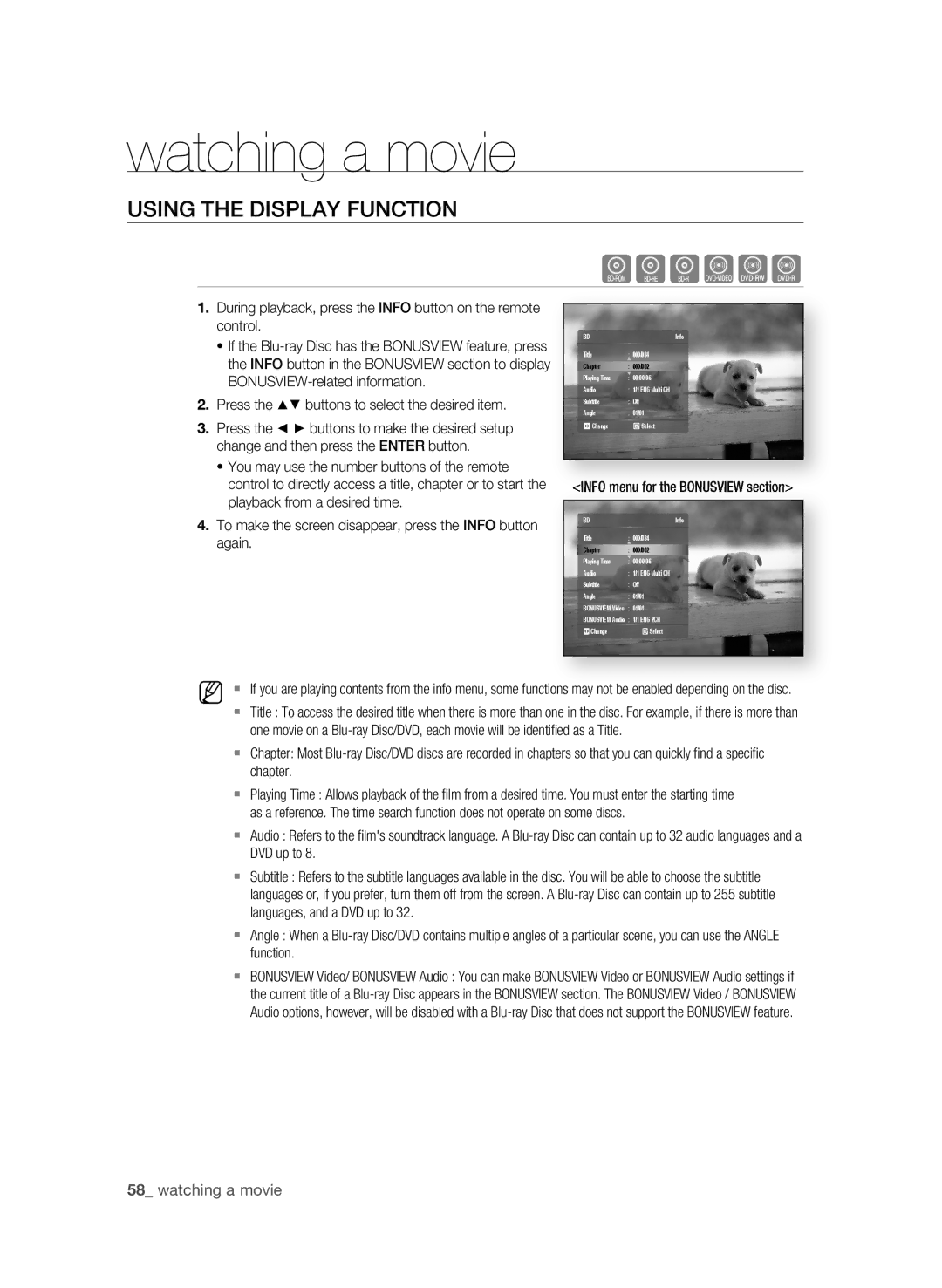 Samsung BD-P1620 user manual Watching a movie, USIng the DISPLaY FUnCTIOn, . Press the buttons to select the desired item 