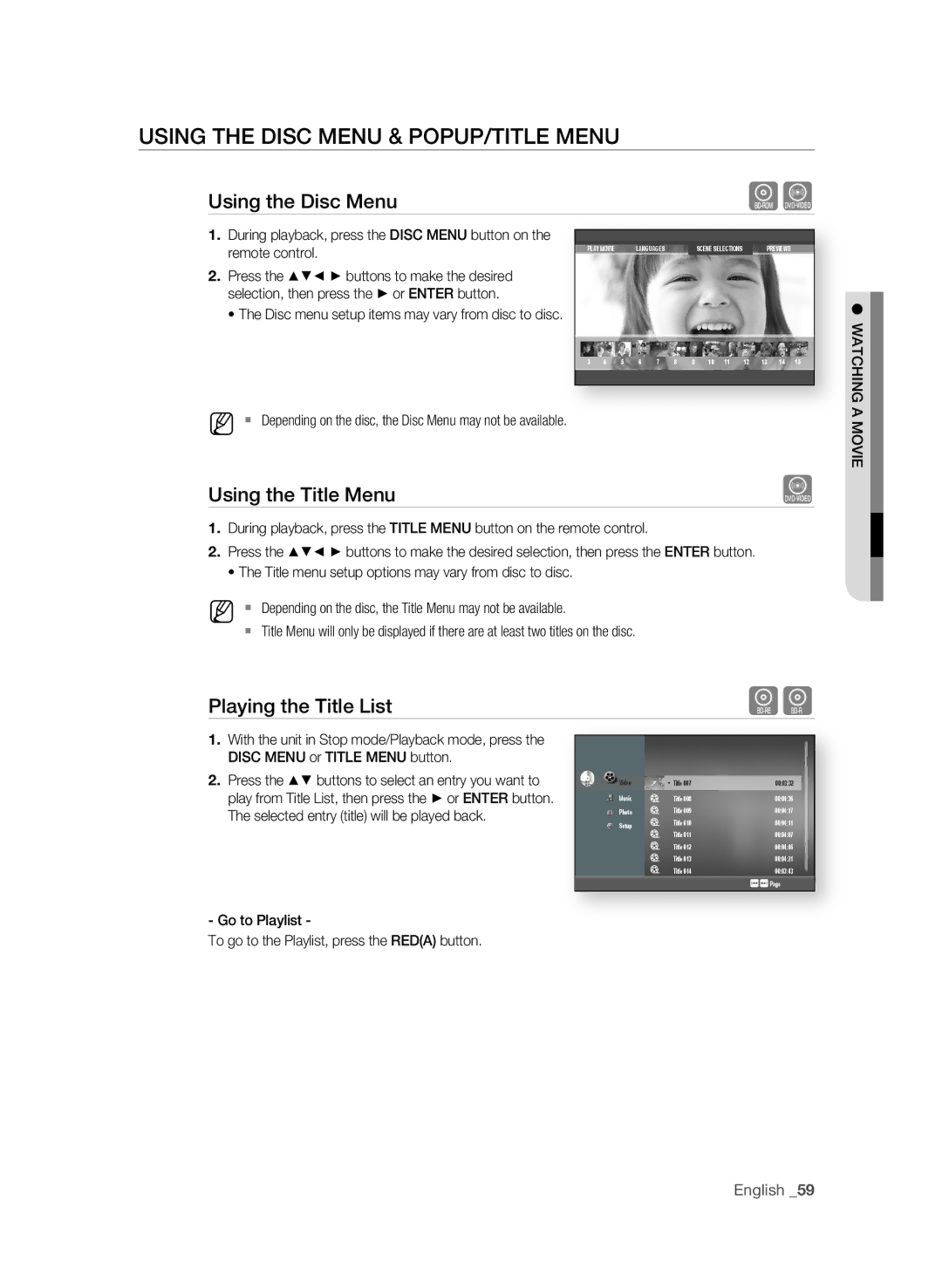 Samsung BD-P1620 USIng the Disc MEnU & POPUP/TITLE MEnU, Using the Disc Menu, Using the Title Menu, Playing the Title List 