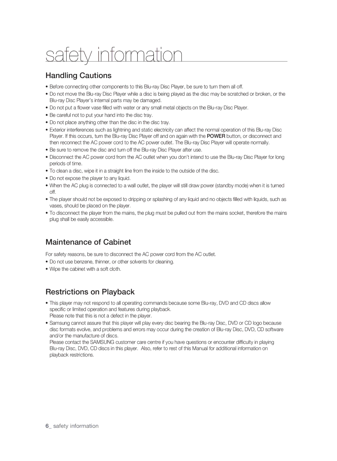 Samsung BD-P1620 user manual Handling Cautions, Maintenance of Cabinet, Restrictions on Playback 