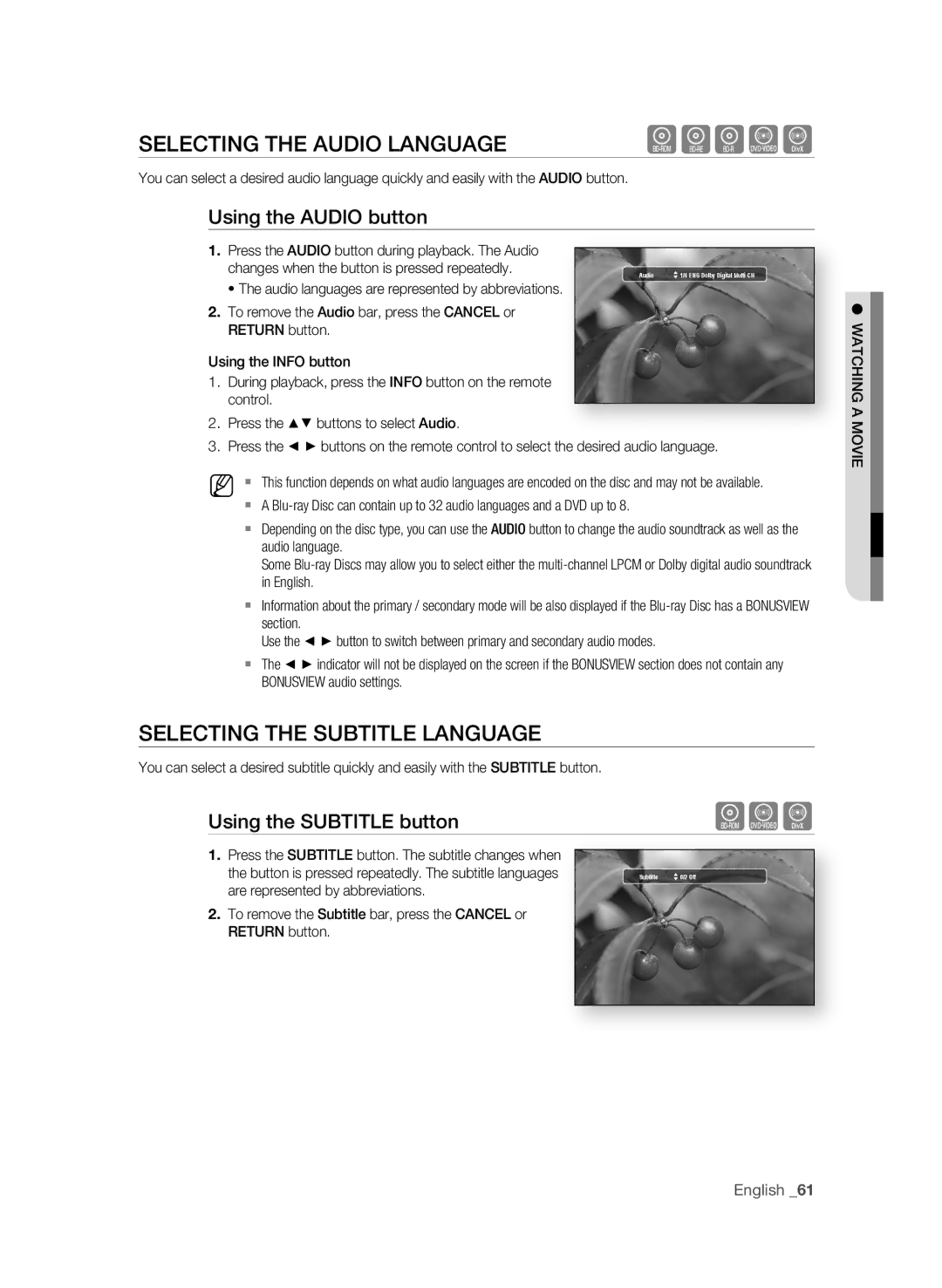 Samsung BD-P1620 user manual SELECTIng the aUDIO LangUagE, SELECTIng the Subtitle LangUagE, Using the aUDIO button 