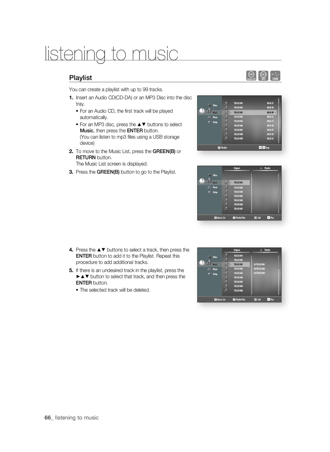 Samsung BD-P1620 user manual Playlist,  listening to music 