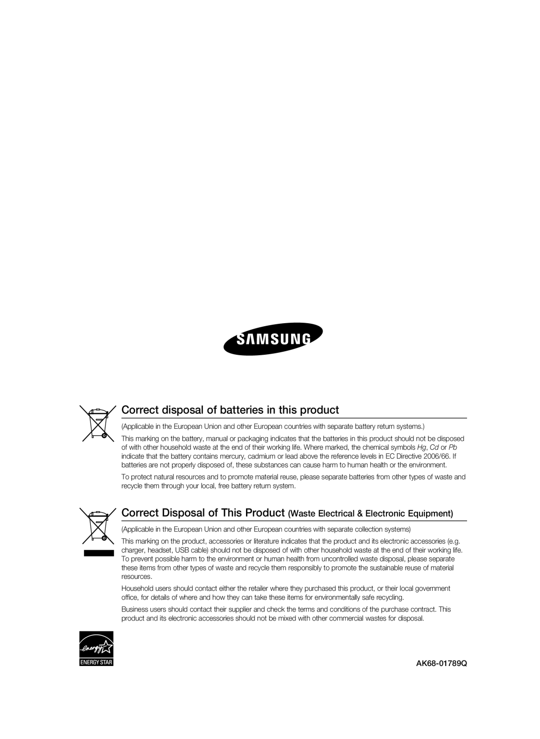 Samsung BD-P1620 user manual Correct disposal of batteries in this product, AK68-01789Q 