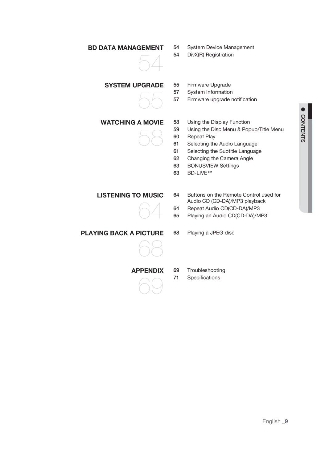 Samsung BD-P1620 System Device Management, DivXR Registration, Firmware Upgrade, System Information, Repeat Play 