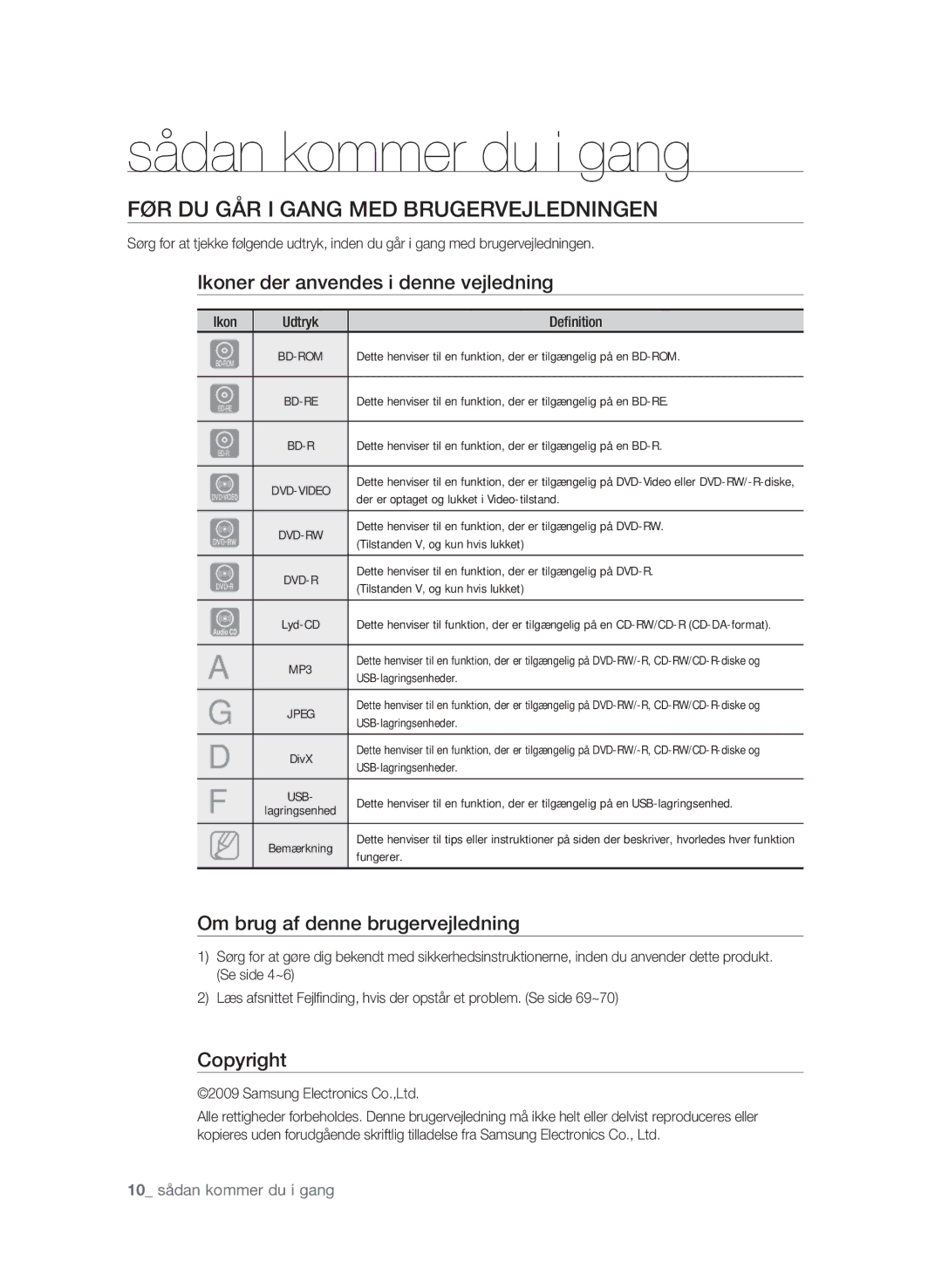 Samsung BD-P1620/XEE Sådan kommer du i gang, Før du går i gang med brugervejledningen, Om brug af denne brugervejledning 